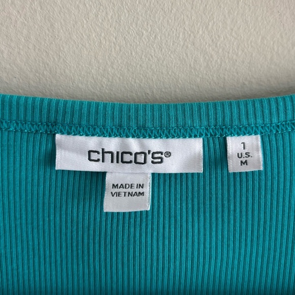 Chico’s Ribbed Eyelet Flutter Sleeve Tee Turquoise size M-L - Picture 4 of 11